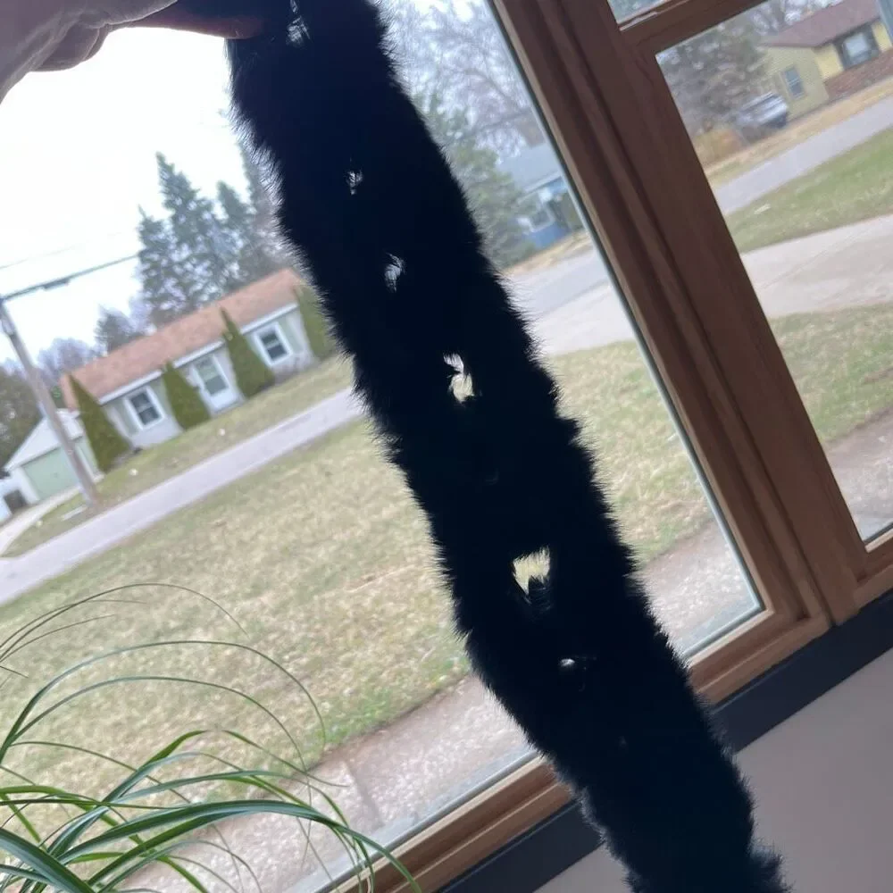 Rabbit Fur Scarf Black Pom Pom Collar Wrap Vintage Glam Statement